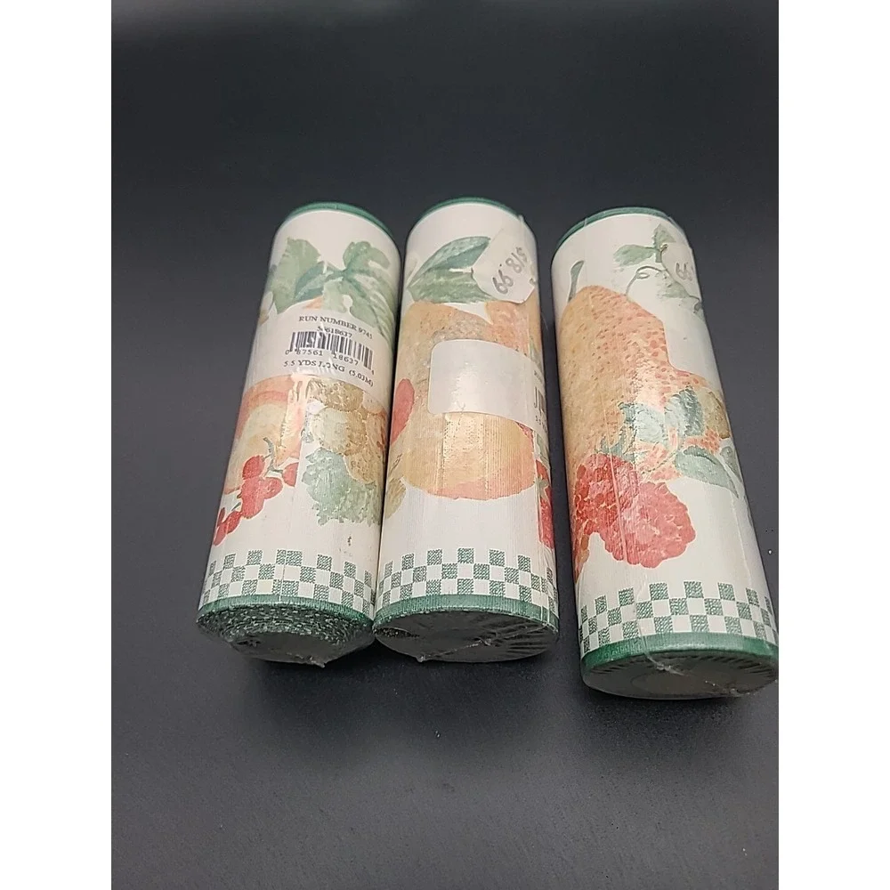3 VTG Unopened Wallpaper Border Rolls Fruit Grapes Pears Berries 5.5 Yd Each NOS